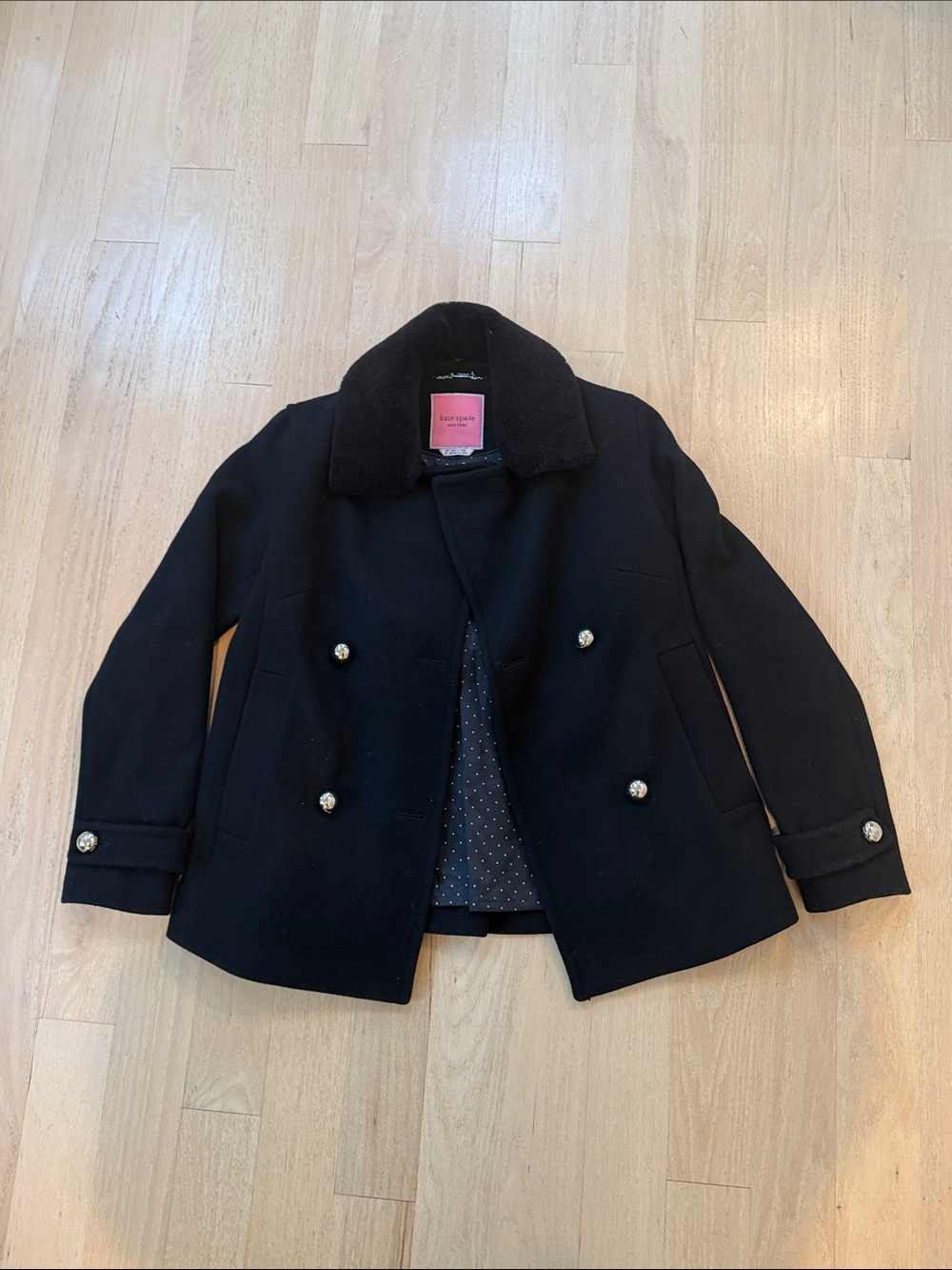 kate spade Black Double-Breasted Wool Peacoat with Silver Buttons